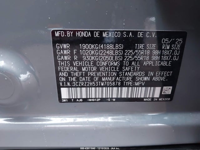 43911040 :رقم المزاد ، 3CZRZ2H53TM705878 vin ، 2026 Honda Hr-v Awd Sport مزاد بيع