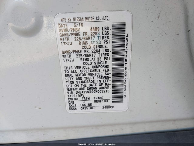 JN8AT2MT9GW003213 Nissan ROGUE SV