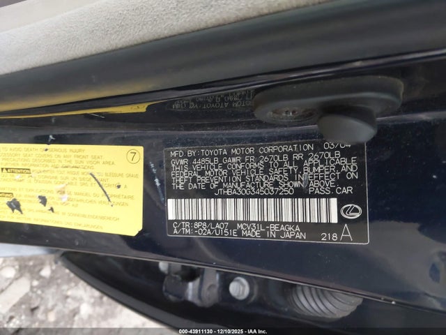 43911130 :رقم المزاد ، JTHBA30G345037250 vin ، 2004 Lexus Es 330 مزاد بيع