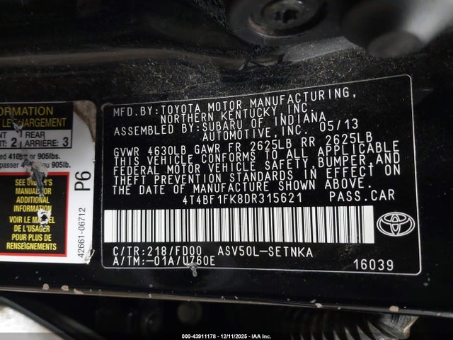 Aukcja sprzedaży 2013 Toyota Camry Le, vin: 4T4BF1FK8DR315621, numer aukcji: 43911178