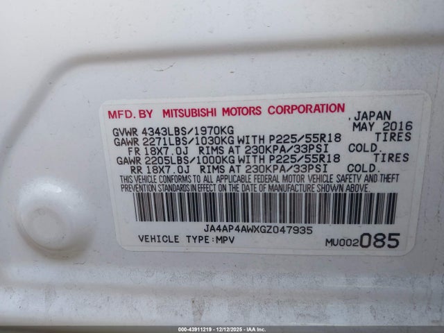 JA4AP4AWXGZ047935 Mitsubishi Outlander Sport 2.4 Sel