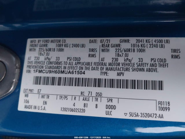 1FMCU9H60MUA61504 Ford ESCAPE SEL