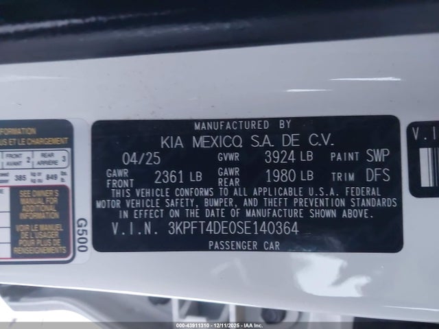 Aukcja sprzedaży 2025 Kia K4 Lxs, vin: 3KPFT4DE0SE140364, numer aukcji: 43911310