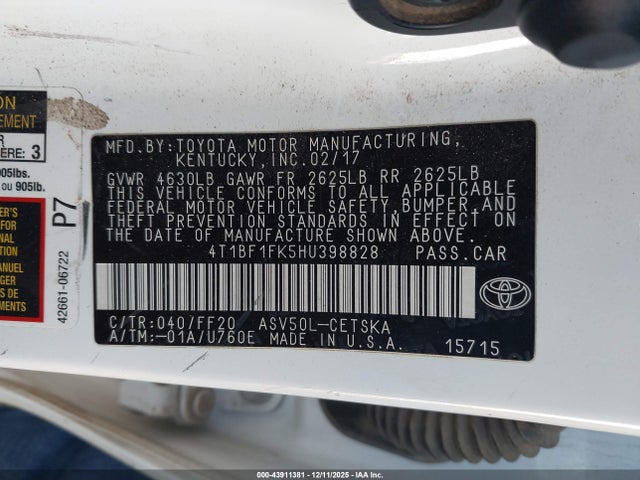 2017 Toyota Camry Se მანქანა იყიდება აუქციონზე, vin: 4T1BF1FK5HU398828, აუქციონის ნომერი: 43911381