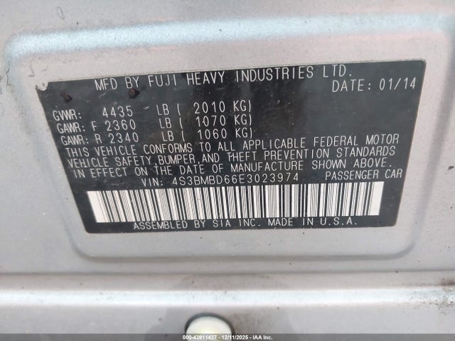 Subaru Legacy 2.5i Premium 2014 4S3BMBD66E3023974 Image 9
