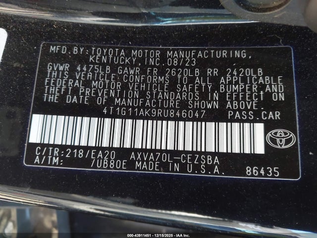4T1G11AK9RU846047 Toyota CAMRY SE
