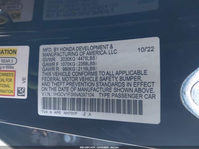 2022 HONDA ACCORD 1HGCV1F3XNA097104 Photo 8
