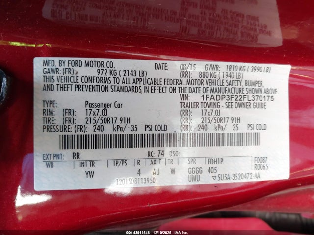 Ford FOCUS SE 2015 1FADP3F22FL370175 Image 9