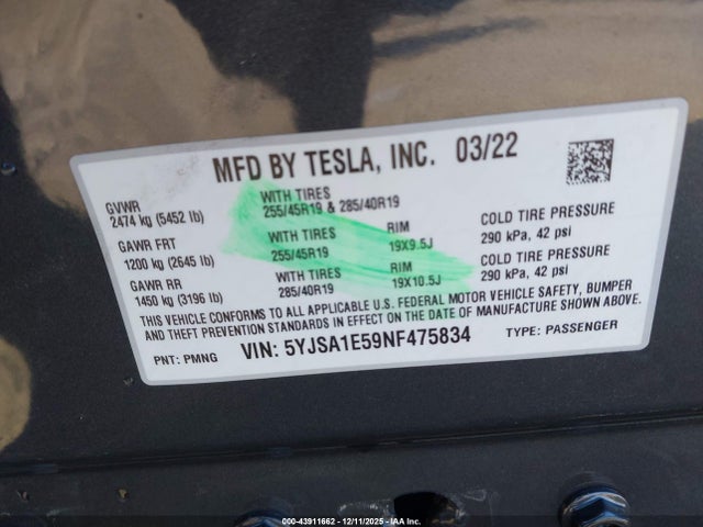 2022 TESLA MODEL S 5YJSA1E59NF475834 Photo 8