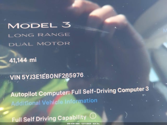 43911665 :رقم المزاد ، 5YJ3E1EB0NF265976 vin ، 2022 Tesla Model 3 Long Range Dual Motor All-wheel Drive مزاد بيع