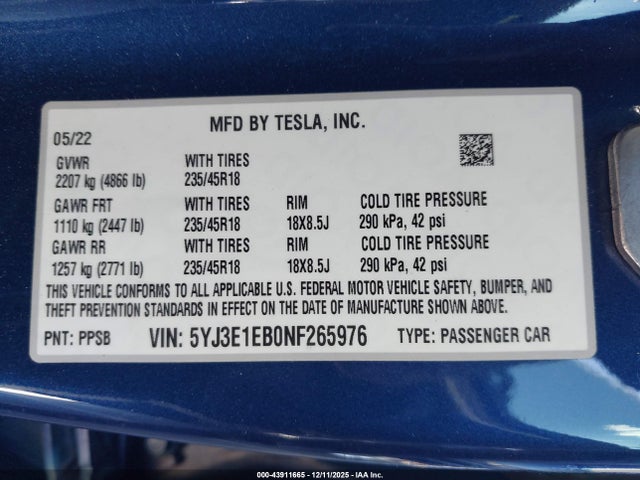 43911665 :رقم المزاد ، 5YJ3E1EB0NF265976 vin ، 2022 Tesla Model 3 Long Range Dual Motor All-wheel Drive مزاد بيع