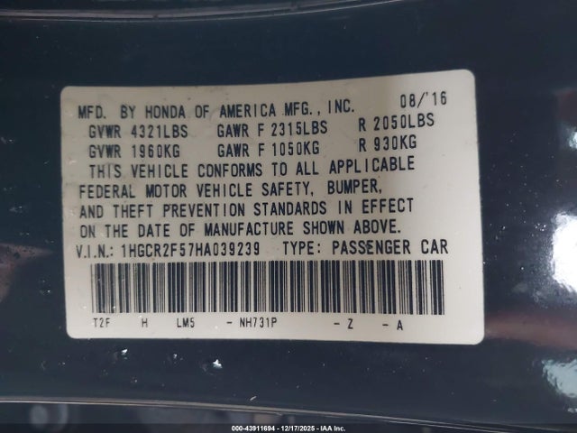 1HGCR2F57HA039239 Honda Accord Sport