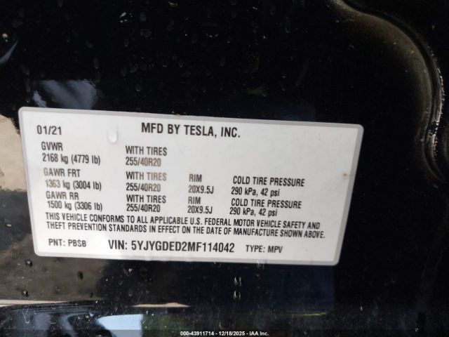2021 TESLA MODEL Y 5YJYGDED2MF114042 Photo 8