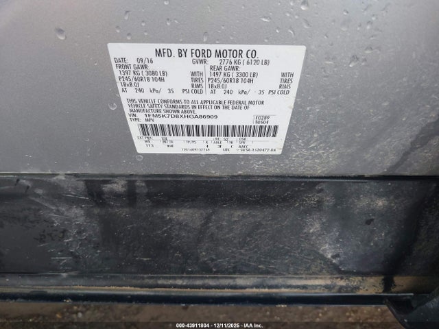 1FM5K7D8XHGA86909 Ford EXPLORER XLT