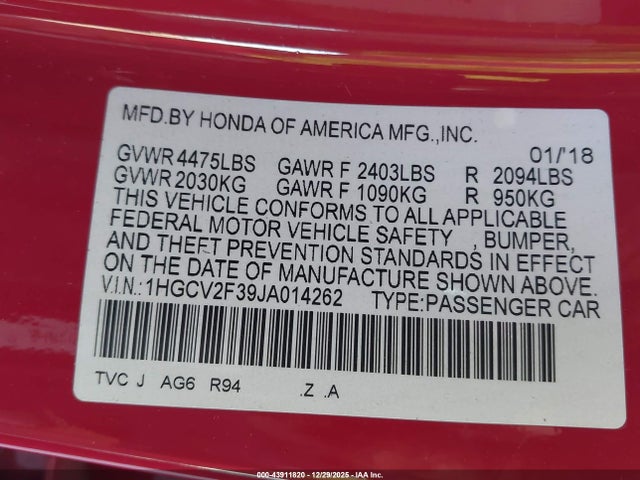 1HGCV2F39JA014262 Honda Accord Sport 2.0t