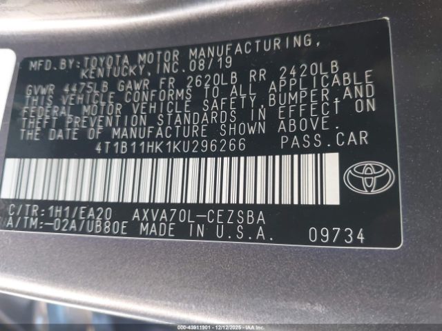 2019 TOYOTA CAMRY 4T1B11HK1KU296266 Photo 8