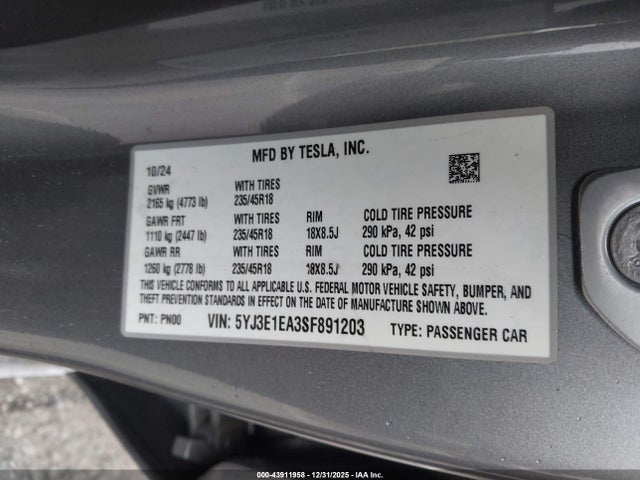 2025 TESLA MODEL 3 5YJ3E1EA3SF891203 Photo 8