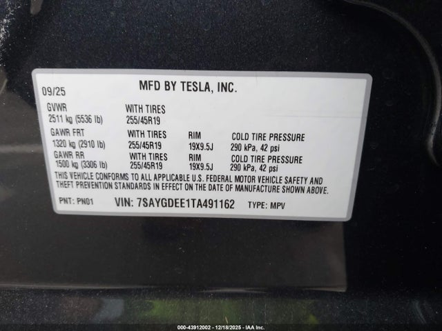 Продаж на аукціоні авто 2026 Tesla Model Y, vin: 7SAYGDEE1TA491162, номер лоту: 43912002