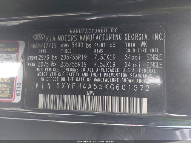 5XYPH4A55KG601572 KIA Sorento 3.3l Ex Sport