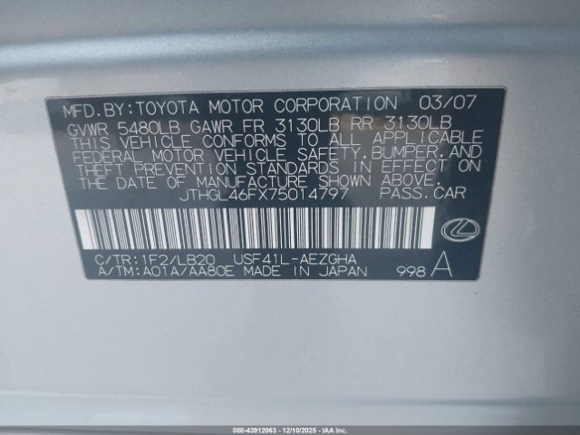 2007 LEXUS LS 460 JTHGL46FX75014797 Photo 8