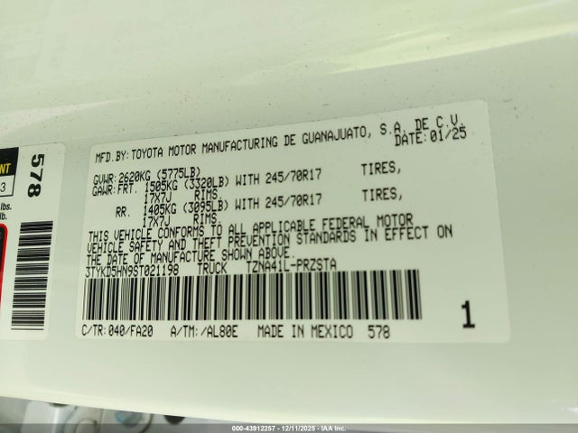 43912257 :رقم المزاد ، 3TYKD5HN9ST021198 vin ، 2025 Toyota Tacoma Sr مزاد بيع