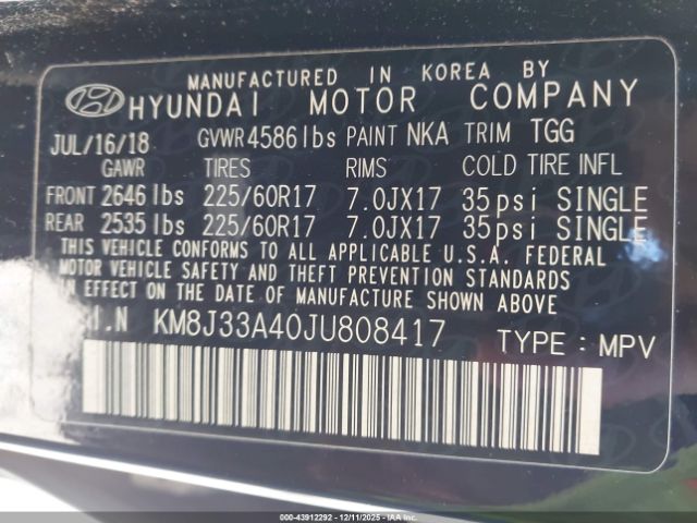 2018 HYUNDAI TUCSON KM8J33A40JU808417 Photo 8
