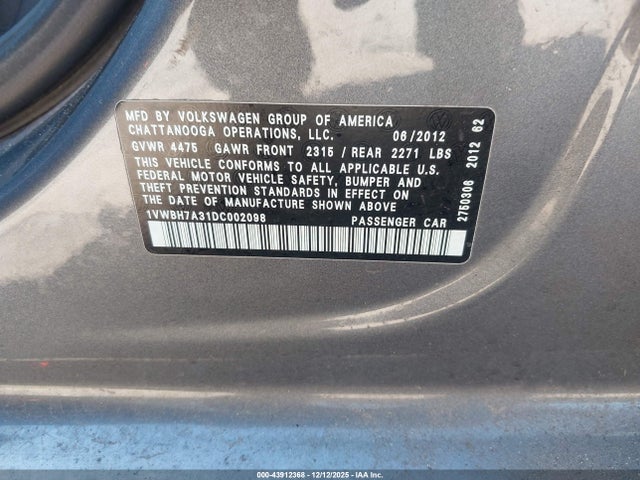 2013 VOLKSWAGEN PASSAT 1VWBH7A31DC002098 Photo 8