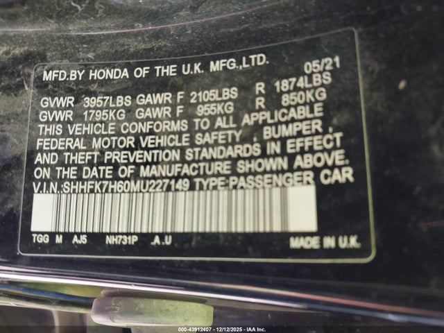SHHFK7H60MU227149 Honda CIVIC EX