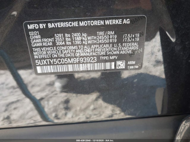Aukcja sprzedaży 2021 Bmw X3 Xdrive30i, vin: 5UXTY5C05M9F93923, numer aukcji: 43912540