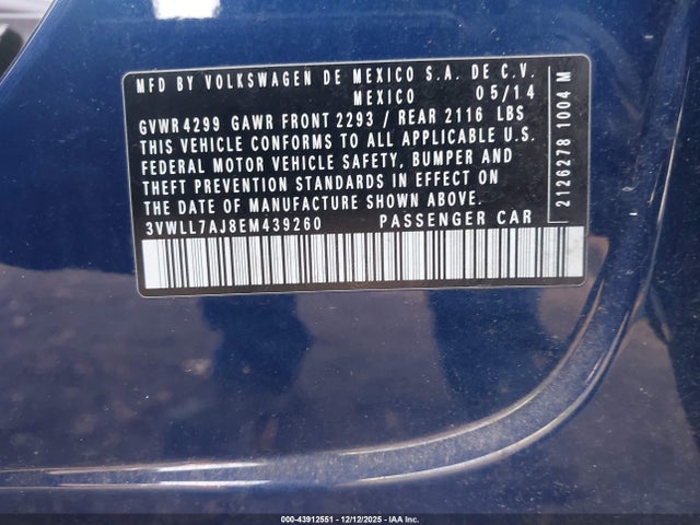 43912551 :رقم المزاد ، 3VWLL7AJ8EM439260 vin ، 2014 Volkswagen Jetta 2.0l Tdi مزاد بيع