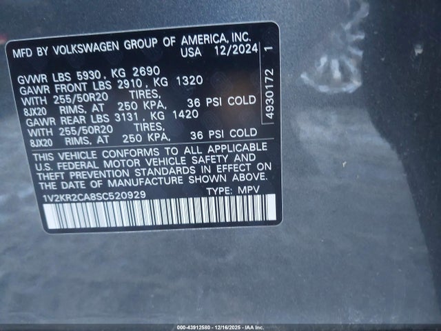 1V2KR2CA8SC520929 Volkswagen Atlas 2.0t Se W/technology