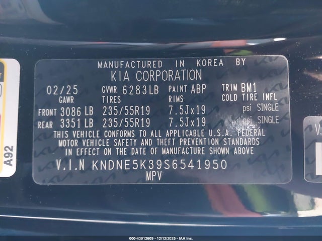 Aukcja sprzedaży 2025 Kia Carnival Mpv Sx, vin: KNDNE5K39S6541950, numer aukcji: 43912609