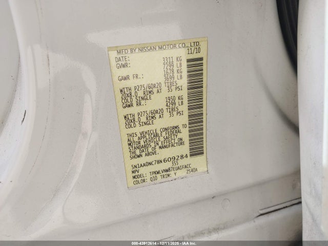 Aukcja sprzedaży 2011 Nissan Armada Platinum, vin: 5N1AA0NC7BN609284, numer aukcji: 43912614