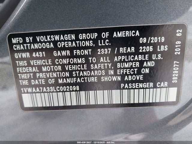 2020 Volkswagen Passat 2.0t S მანქანა იყიდება აუქციონზე, vin: 1VWAA7A33LC002098, აუქციონის ნომერი: 43912637