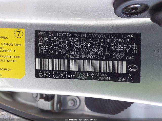 2005 LEXUS ES 330 JTHBA30G855077678 Photo 8
