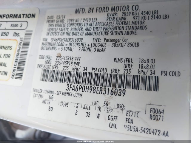 Ford FUSION SE 2014 3FA6P0H98ER316039 Image 9