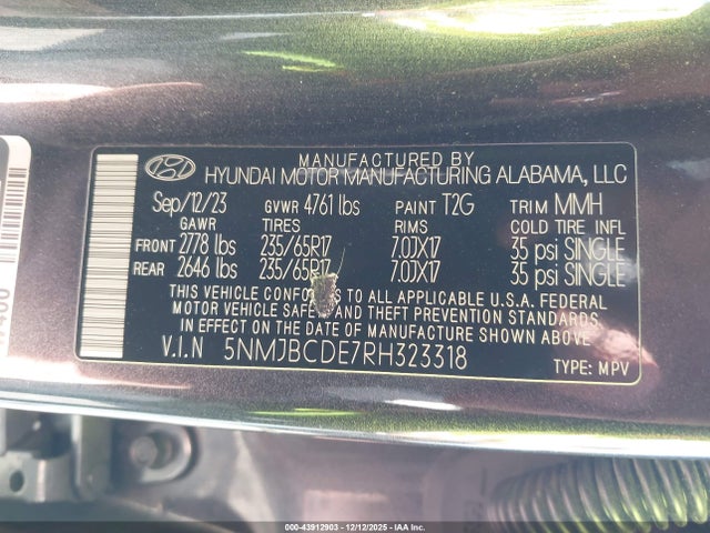 Aukcja sprzedaży 2024 Hyundai Tucson Sel, vin: 5NMJBCDE7RH323318, numer aukcji: 43912903