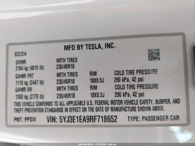 Aukcja sprzedaży 2024 Tesla Model 3 Long Range Dual Motor All-wheel Drive/rear-wheel Drive, vin: 5YJ3E1EA9RF718652, numer aukcji: 43912916