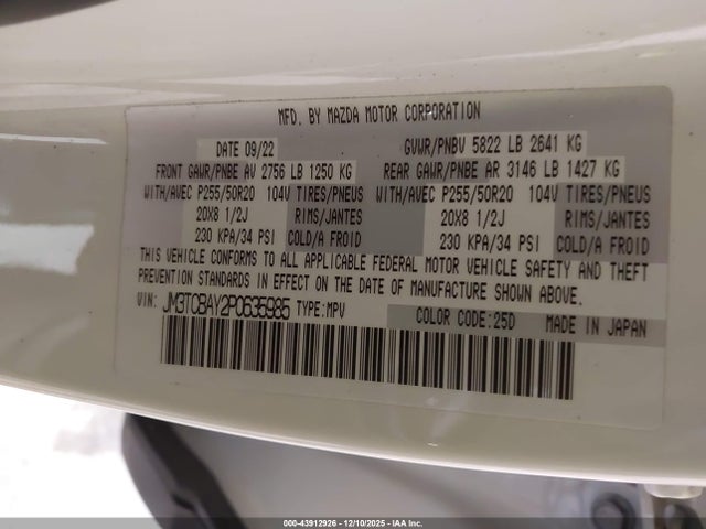 43912926 :رقم المزاد ، JM3TCBAY2P0635985 vin ، 2023 Mazda Cx-9 Touring Plus مزاد بيع