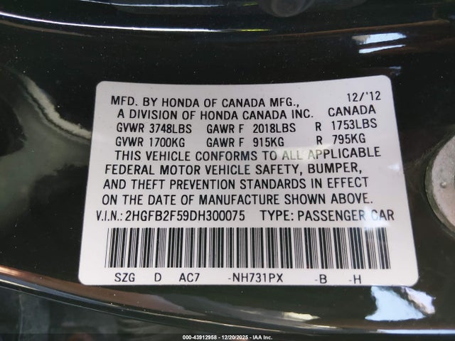 Продаж на аукціоні авто 2013 Honda Civic Lx, vin: 2HGFB2F59DH300075, номер лоту: 43912958