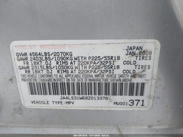 2008 MITSUBISHI OUTLANDER JA4LS31W68Z013378 Photo 8