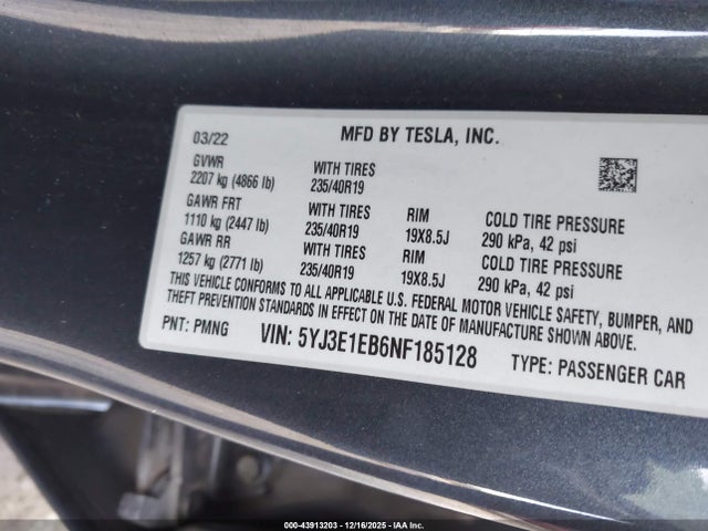 2022 TESLA MODEL 3 5YJ3E1EB6NF185128 Photo 8