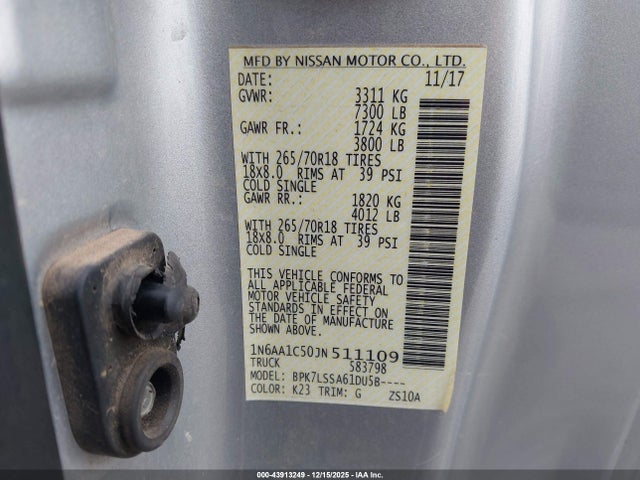 Aukcja sprzedaży 2018 Nissan Titan Sv, vin: 1N6AA1C50JN511109, numer aukcji: 43913249