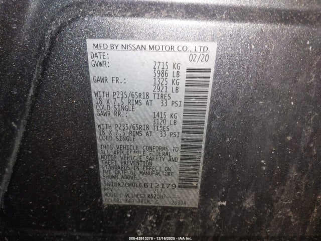 5N1DR2CM0LC612179 Nissan Pathfinder Sl 4wd