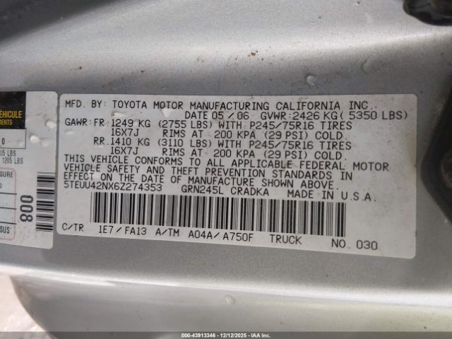 2006 TOYOTA TACOMA 5TEUU42NX6Z274353 Photo 8