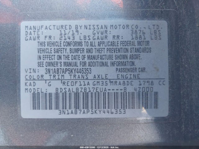 Nissan SENTRA S 2019 3N1AB7AP5KY446353 Image 9