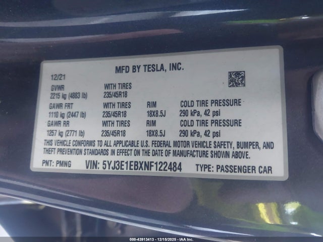 2022 TESLA MODEL 3 5YJ3E1EBXNF122484 Photo 8