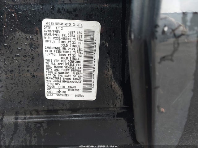 43913444 :رقم المزاد ، JN8AZ1MW0CW220534 vin ، 2012 Nissan Murano Sv مزاد بيع