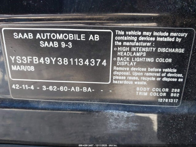 2008 SAAB 9-3 YS3FB49Y381134374 Photo 8