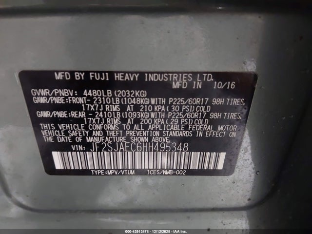 43913478 :رقم المزاد ، JF2SJAEC6HH495348 vin ، 2017 Subaru Forester 2.5i Premium مزاد بيع